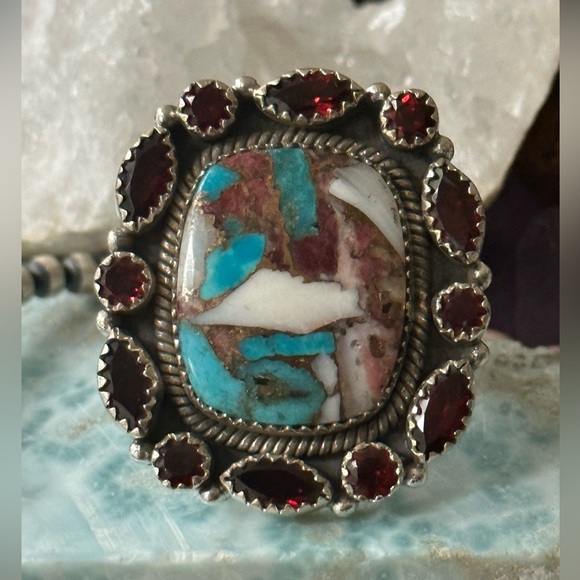 Turquoise spiny mosaic statement sterling silver adjustable ring - Picture 1 of 8